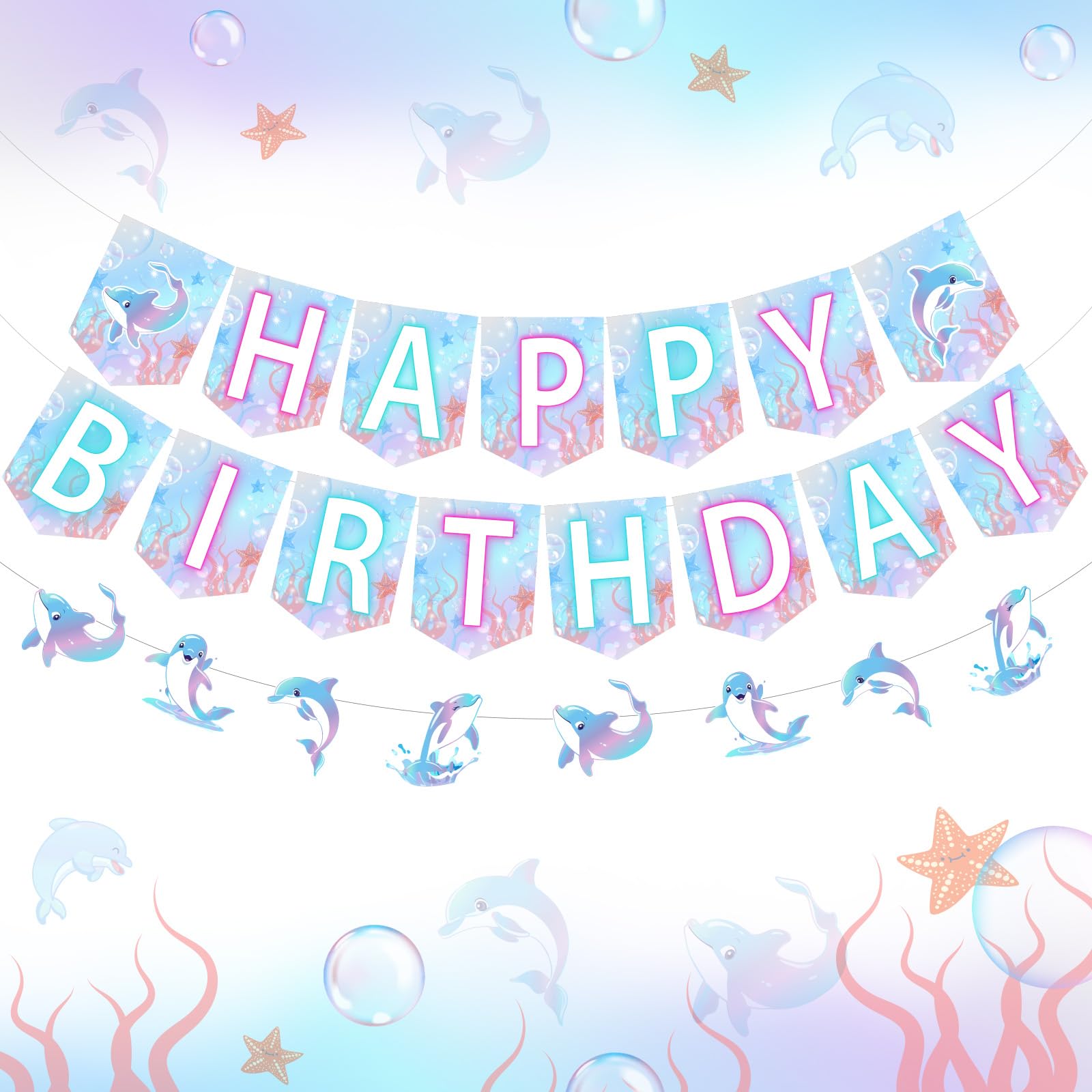 JOYMEMO Dolphin Happy Birthday Banners - Pink Blue Purple Under The Sea Birthday Decorations for Boys Girls, Pre-strung Dolphin Ocean Animal Theme
