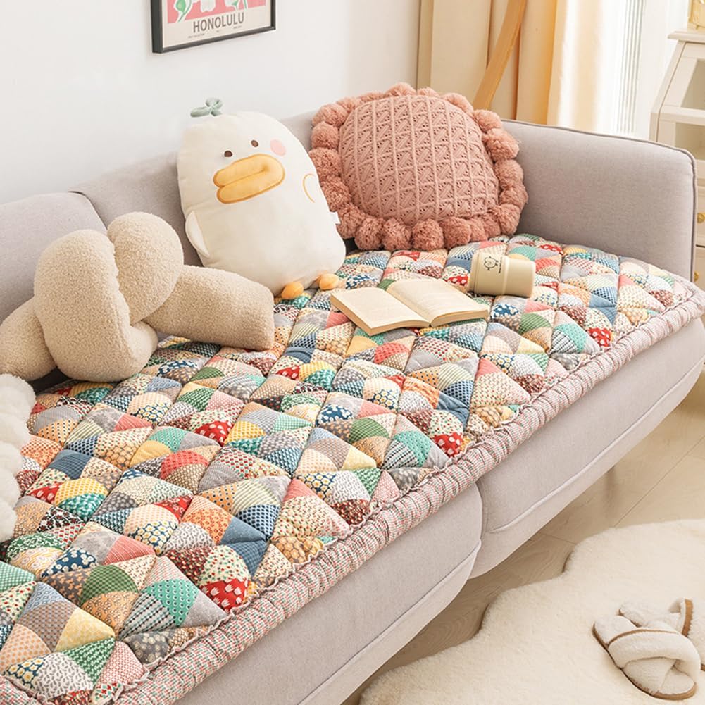 vctops Bohemian Patchwork Cotton Quilted Sofa Couch Cover Floral Pattern Sectional Couch Cover for Living Room Non Slip Soft Floor Mat Chair Seat Cushion(Pattern A,24"x24")