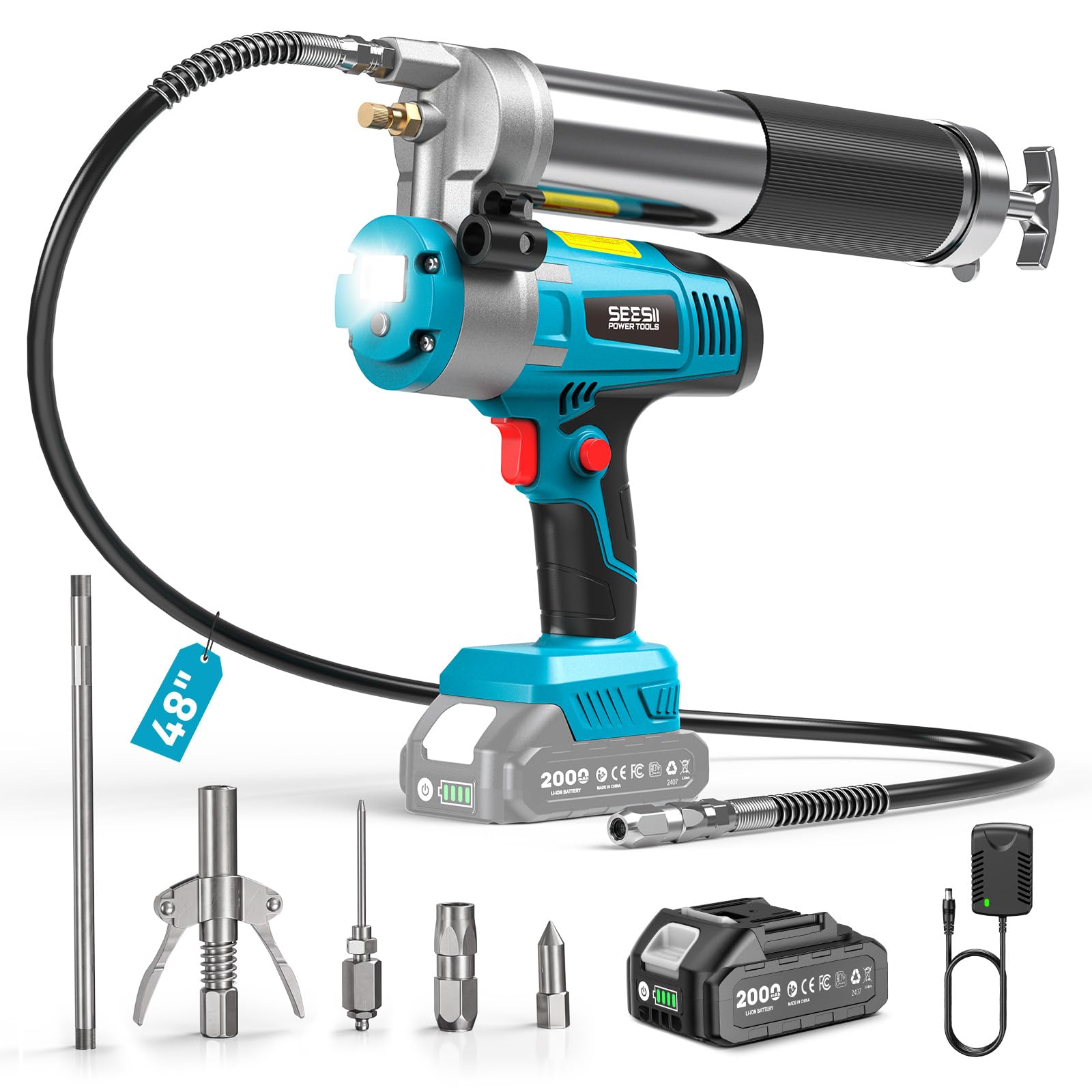Seesii Akku Fettpresse, Elektrische Fettpresse für Schmiernippel mit Lock-On-Auslöser, 120 cm-Schlauch, hoher Durchfluss von 5,8 oz/min, Schnellkupplung, LED-Beleuchtung für PKWs und Baumaschinen