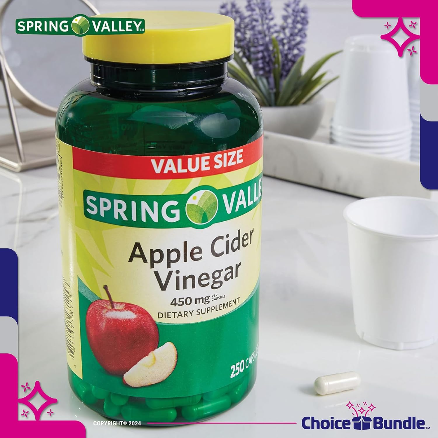 Spring Valley Apple Cider Vinegar Capsules 450 mg Dietary Supplement 250 Ct Plus Vitamin Vitality & Pill Container (3 Items)!