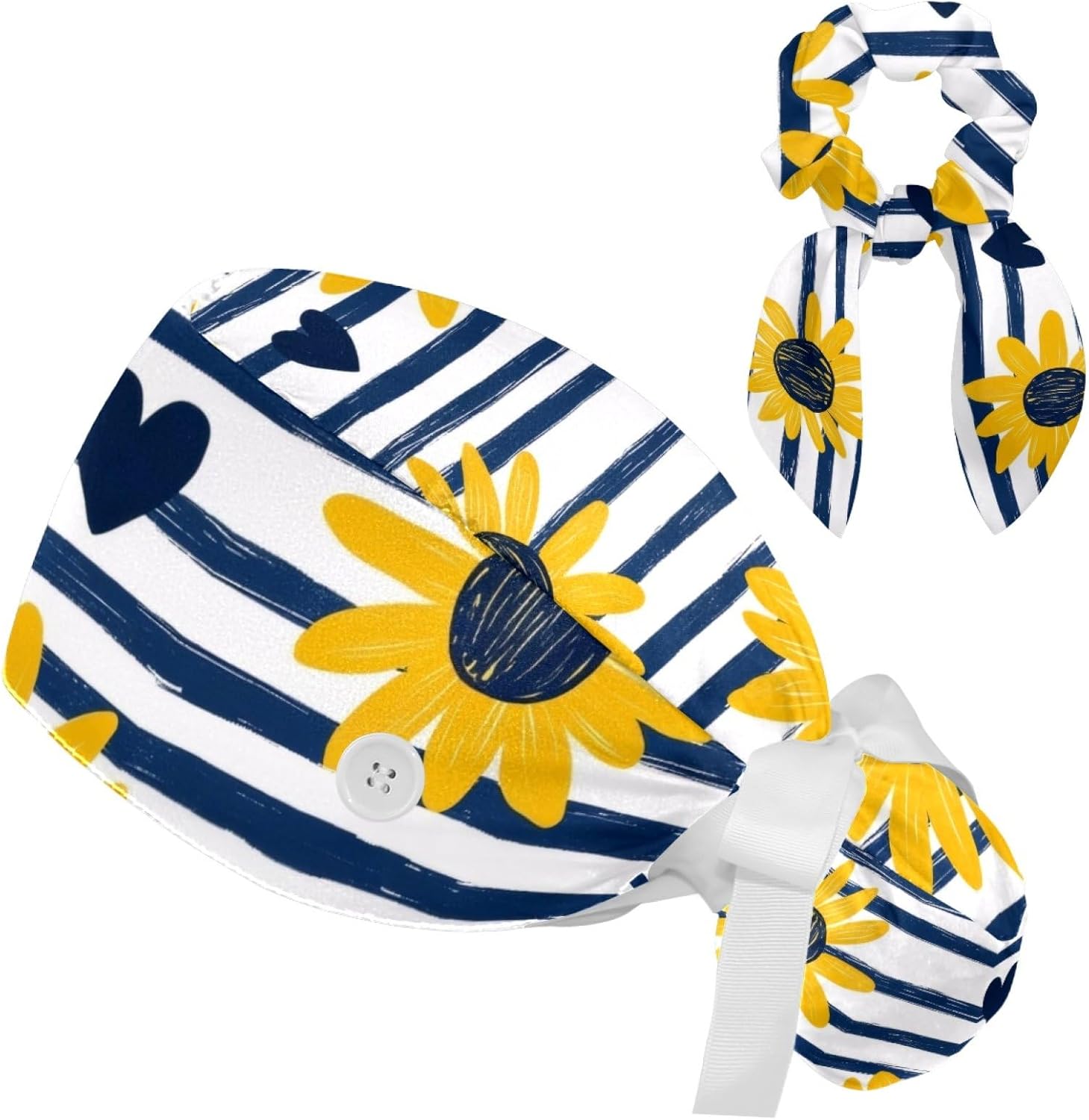 Women's Bouffant Scrub Caps Blue Line Sunflower Working Cap Nurse Hat Surgical Cap with Button and Sweatband