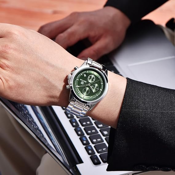 BENYAR Men's Watch Analog Quartz Chronograph Waterproof Men Fashion Business Casual Sport Dress Watch with Calendar Stainless Steel Leather Strap Elegant Gift, Silver Green, Bracelet Type