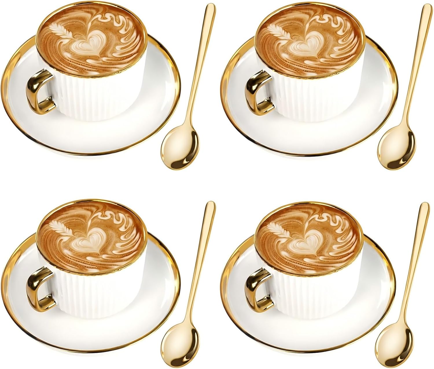 Cappuccino Cups Set of 4, 7 oz Gold Rim Ceramic Coffee Cups with Saucers
