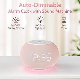 Reacher Auto Dimmable Sound Machine Alarm Clock with Night Lights, 20 Soothing Sounds, Sleep Timer, Precise Volume Control, Cute White Noise Soother for Girls, Kids, Bedrooms, Office