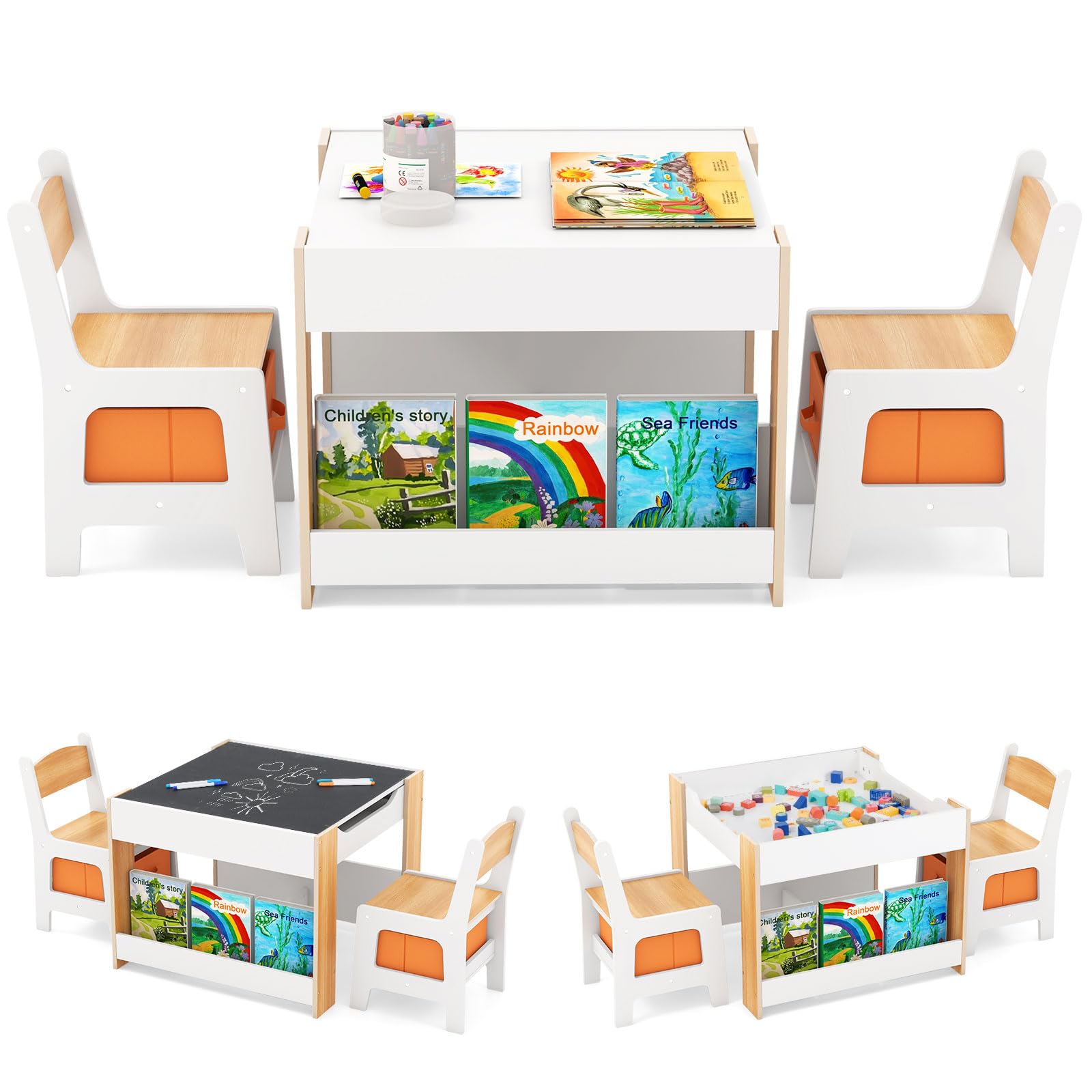 GOPLUS Table Enfant avec 2 Chaises, 4 en 1 Table de Dessin avec Plateau Réversible et Tableau Noir, Bureau Enfant avec Rangement Amovible, Étagères (Naturel)