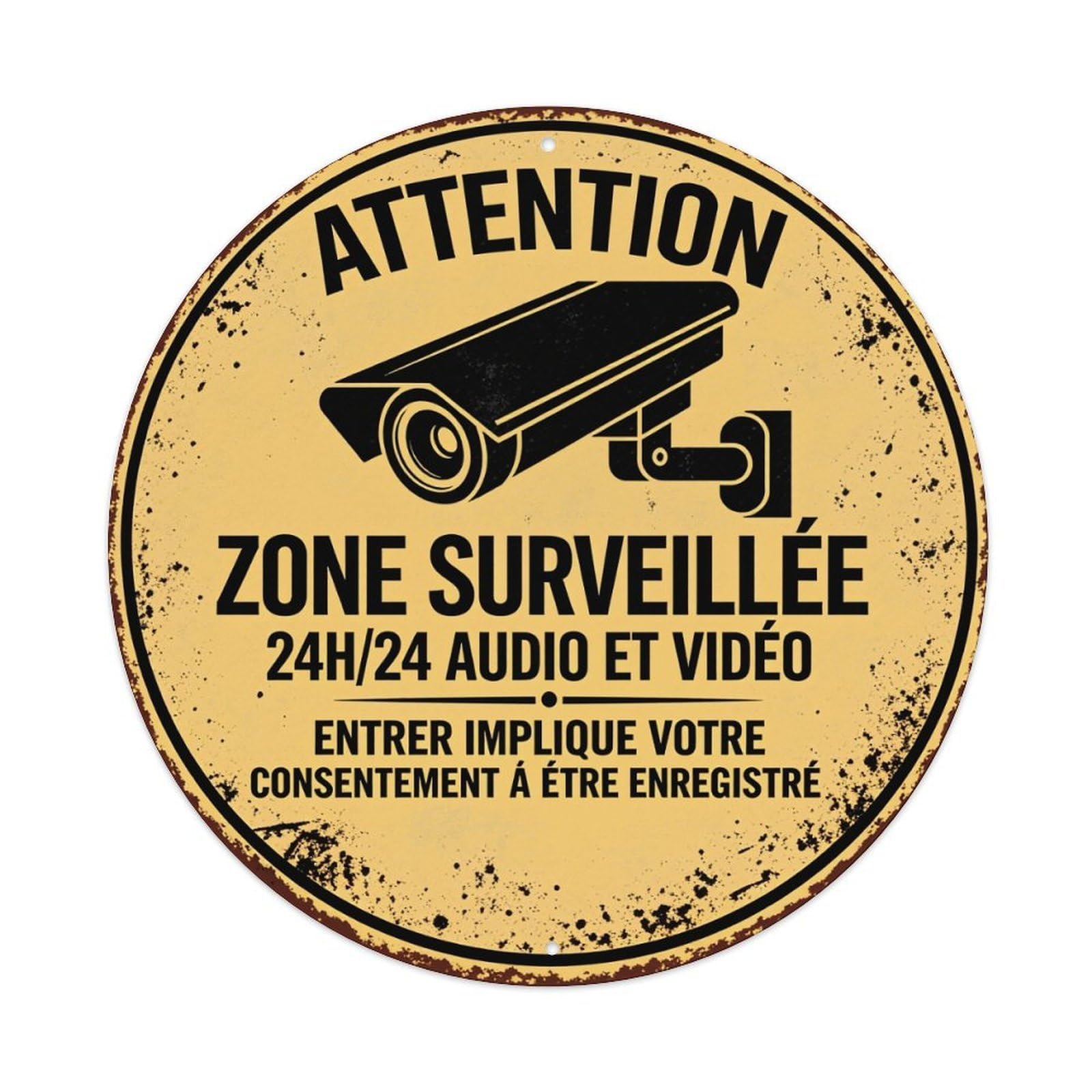 Attention Monitored Zone 24h Audio Video Round Tin Sign Vintage Style Metal Sign Home Bar Garden Wall Plaque Decor Metal Poster 8x8 Inch
