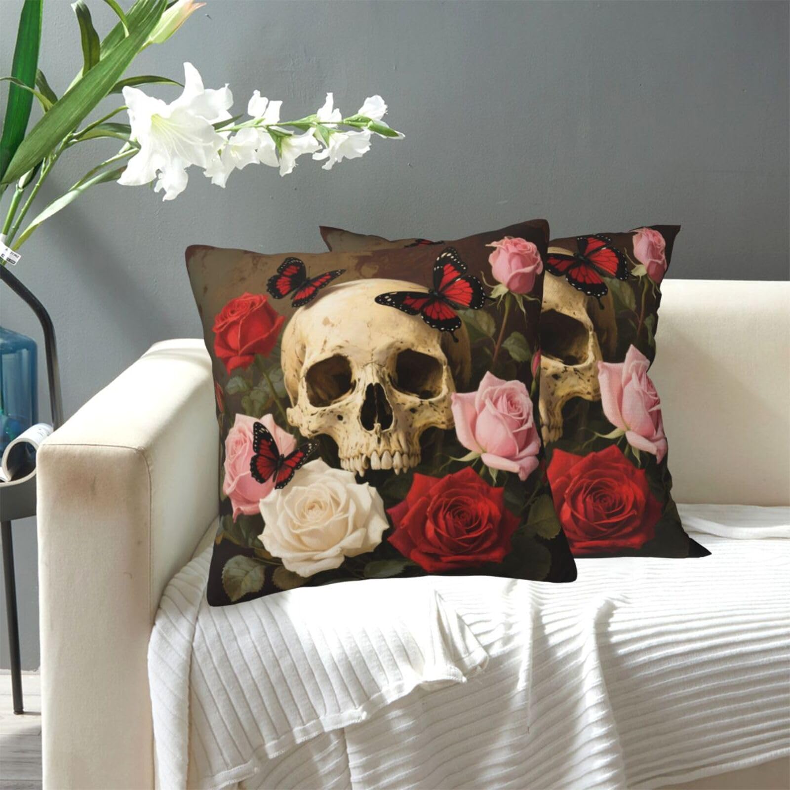 FekiLoot Decorative Throw Pillow Covers Modern Farmhouse Pillowcase Double Sided Cozy Cushion Cover for Sofa Couch Bed 20"X20" Rose Skull