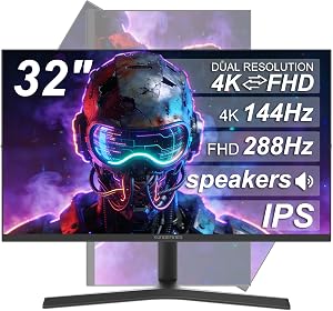 XUNDEFINED 32 Inch 4K Gaming Monitor, Dual Mode 4K@144Hz / FHD@288Hz, Fast IPS 1ms GtG, 126% sRGB, HDR, FreeSync, PIP/PBP, Tilt & Swivel & Height Adjustable, Built-in Speakers, HDMI 2.1&DP 1.4