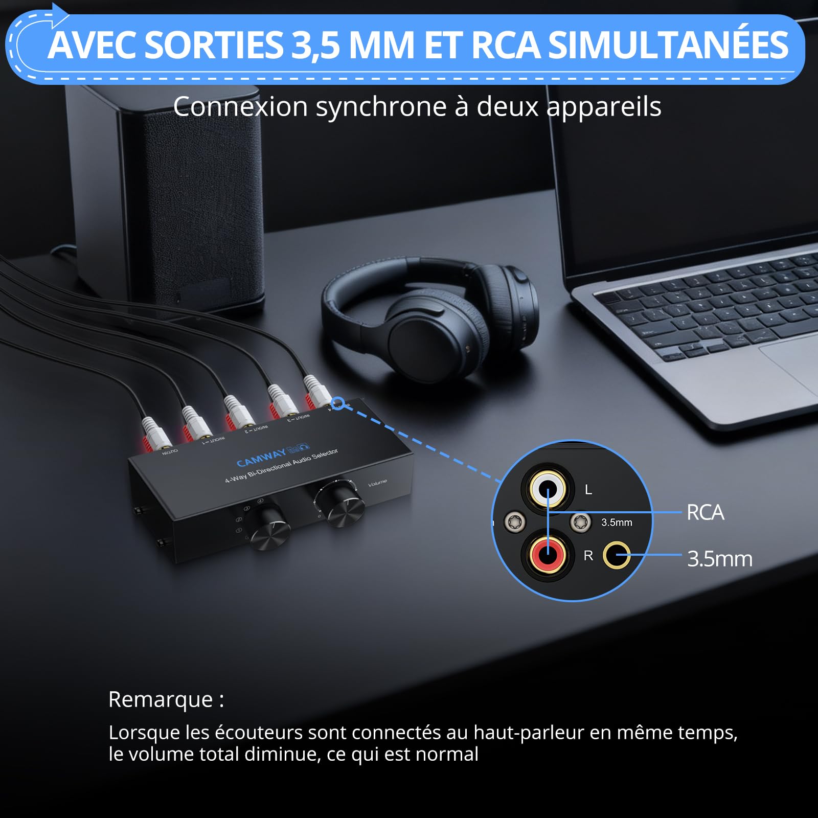 CAMWAY 1X4/4X1 Commutateur Audio Bi-Directionnel RCA & 3.5mm – Commutateur Stéréo à 4 Sorties ou Entrées, avec Fonction Off et RCA Inclus, Compatible PC, Smartphone, Amplificateur et Casque