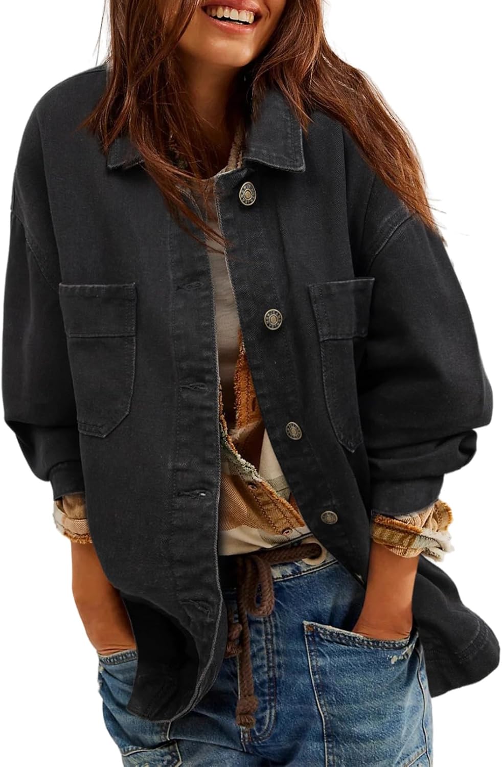 Sidefeel Women's Jean Jacket Oversized Boyfriend Button Up Long Sleeve Split Zimbaplatinum Denim Jackets
