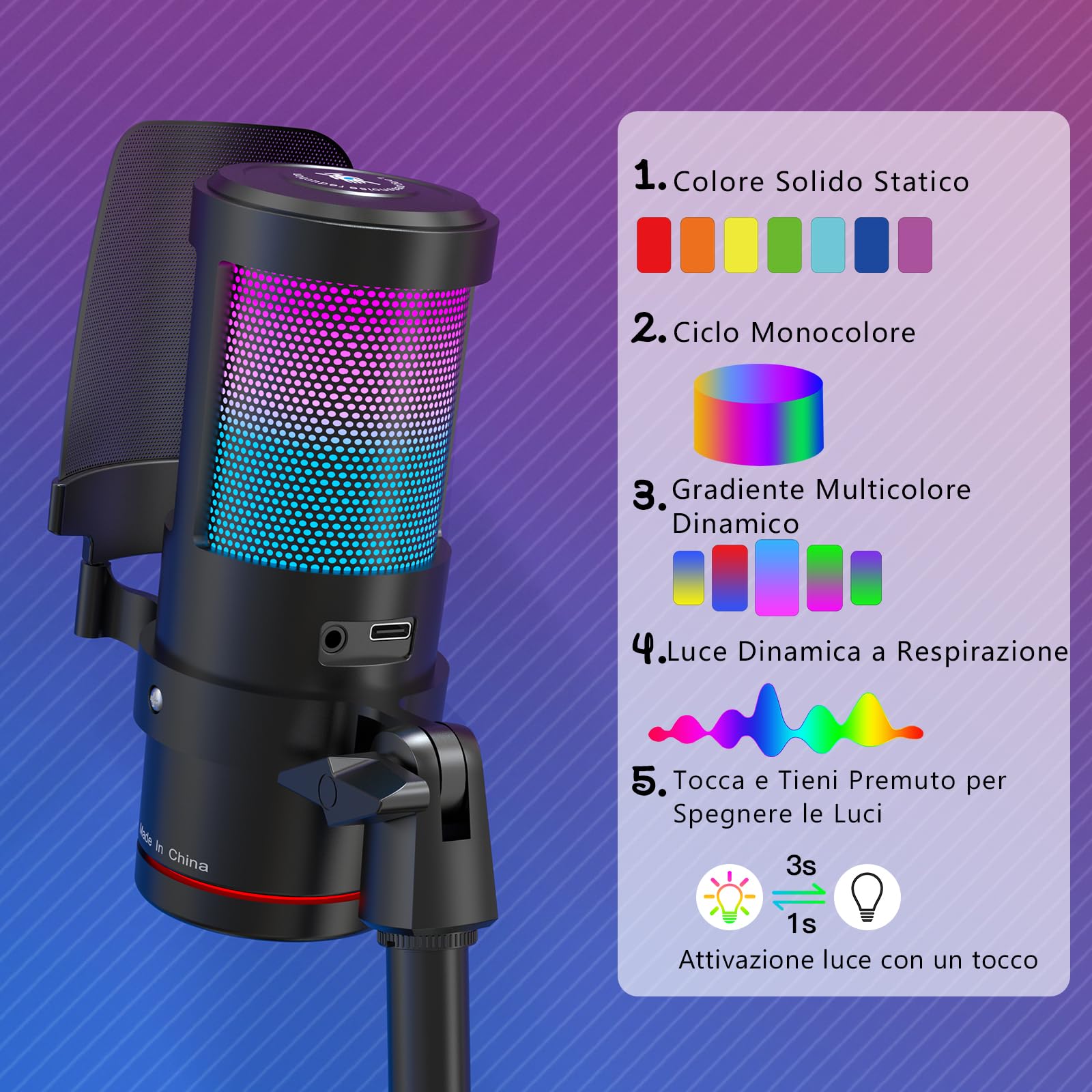 ZealSound Microfono USB gaming, microfono condensatore, microfono luce RGB, streaming, guadagno, monitoraggio per streaming, podcast, YouTube, Discord, *Phone, iPad, PC, computer, PS, Mac, GamerWave
