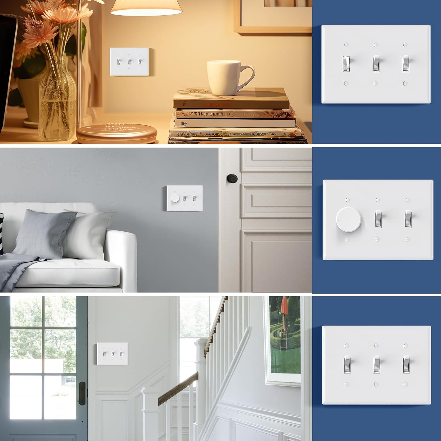 AIDA 3-Gang Midsize Toggle Light Switch Cover Plate, Glossy White, 1-Pack Unbreakable Thermoplastic Switch Covers Wall Plate, UL Listed, 4.53"H x 6.39"L