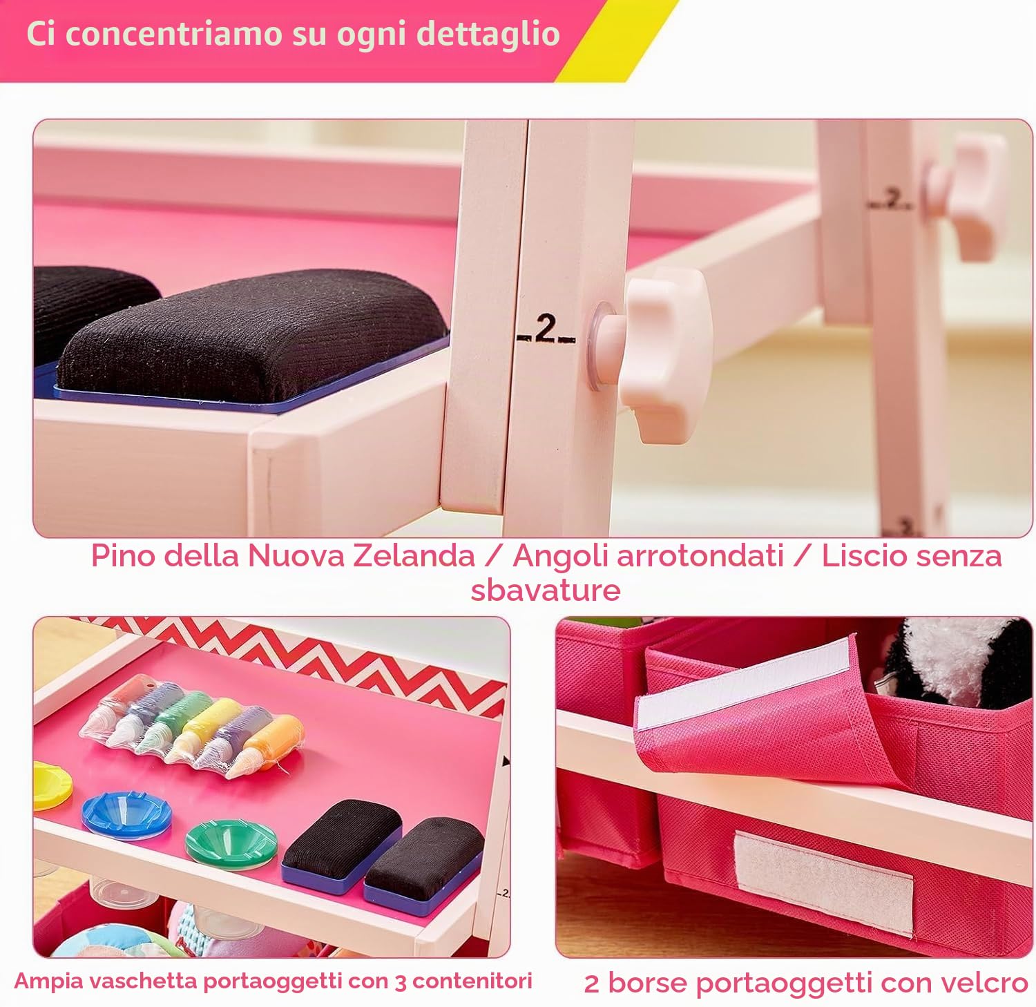 FUNLIO Lavagna per Bambini 3-8 Anni, Pannello Anti-Warp e Cornice Cancellabile, 3 Altezze Regolabili Lavagna Bambini Con Cavalletto/Magnetica, Rotolo di Carta - Rosa