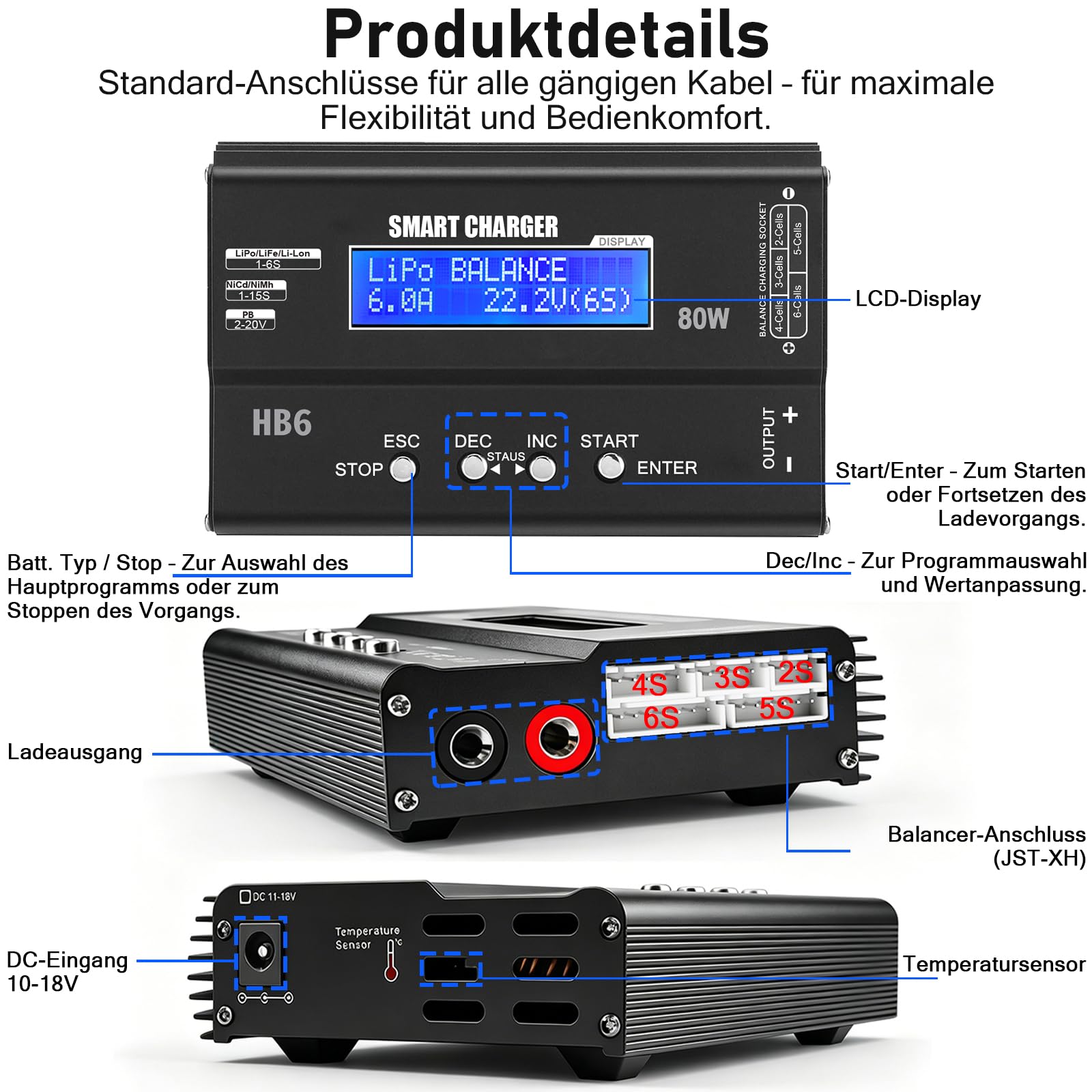 HTRC LiPo Ladegerät 80W 6A RC Akku Ladegerät mit Balancer und LED-Display | Für LiPo/Li-Ion/LiFe 1-6S, NiMH/NiCd 1-15S, Pb 2-20V; 8-in-1-Kabel für RC-Auto, Boot, Drohne, Modellbau und Airsoft-Akkus