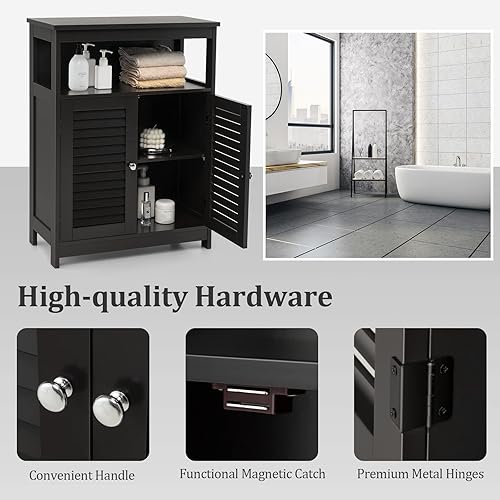 Miniatura 9 de Tangkula Bathroom Floor Cabinet, Wooden Freestanding Storage Cabinet with Double Shutter Door & Adjustable Shelf, Storage Cabinet for Bathroom Negro