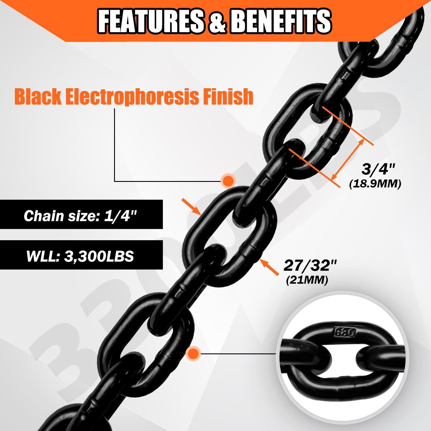 2-Pack Grade 80 Trailer Safety Chain 36 Inch, Black Electrophoresis Finish with 1/4'' Red Clevis Snap Hook | Heavy Duty Transport Chain 13,200 lbs Break Strength for Towing - Image 3