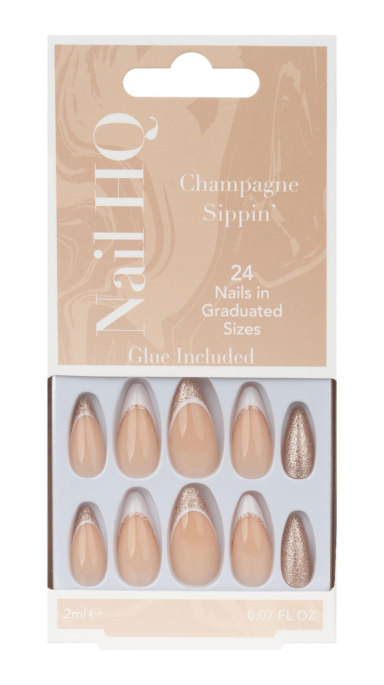 Nail HQ Press On Nails – Champagne Sippin’ Almond Nails, 24 Durable Glossy Finish False Nails for Salon-Quality Manicure at Home
