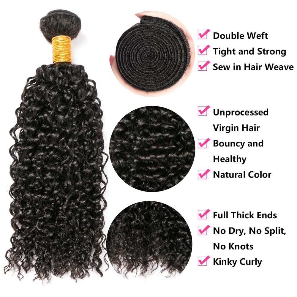 Urshiney Kinky Curly Human Hair Bundles for Women Short Brazilian Virgin Hair Curly Bundle Machine Made Double Weft Tangle-Free & No Shedding Natural Black Color Can Be Dyed Total 300g 10 12 14 Inch - Image 3