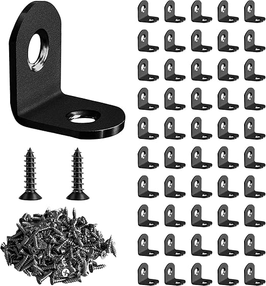 50 Pcs L Corner Brace MONKIPAER Metal Corner Bracket 90 Degree Angle Stainless Steel Bracket with 100 Pcs Screws for securing Wooden Frames Tables Chairs Bed Furniture and Other DIY ( Black )