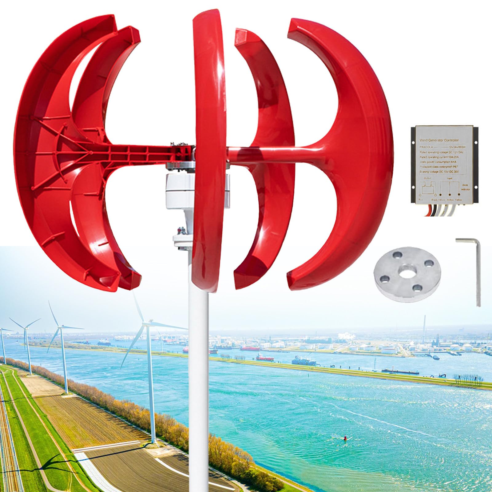 Generatore Eolico Verticale a Lanterna Rossa, generatore Eolico da 600 W, turbina eolica a 5 Pale con regolatore, per terrazza/Chalet/Barca da Pesca/Camper, 12 V