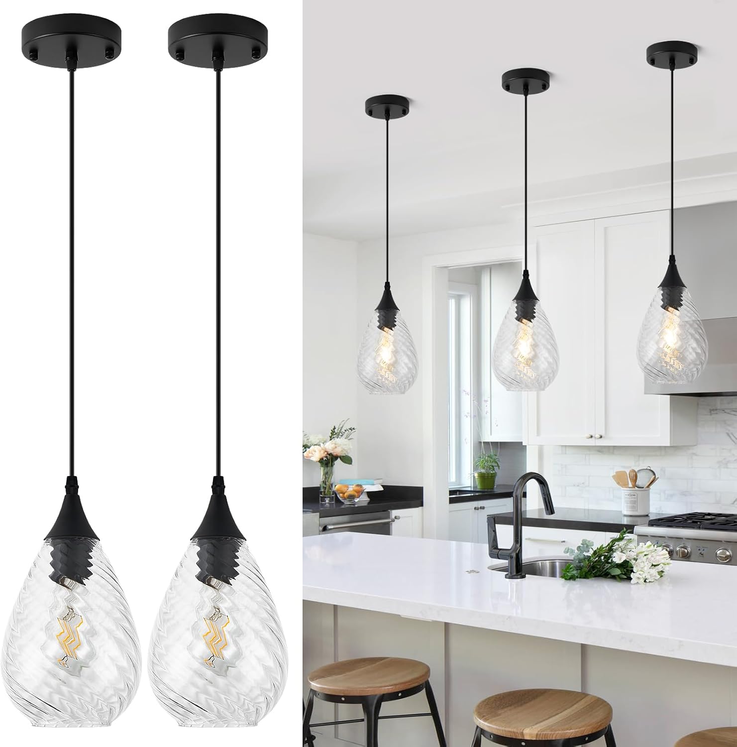 Glass Pendant Lights Kitchen Island 2 Pack, Modern Black Pendant Light Fixtures with Hand-Blown Clear Glass, Island Hanging Light for Kitchen Sink Bedroom Dining Room Hallway, E26 Black 2-Light, H 10"