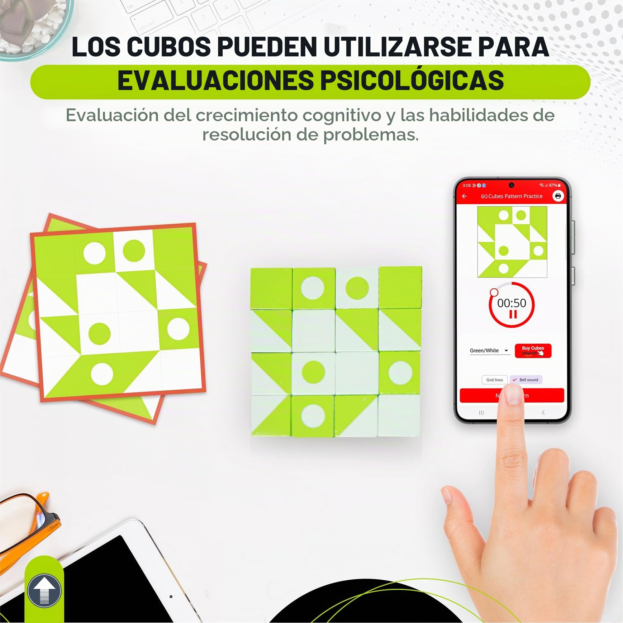 PrfcNL Cubos de Prueba (Verde) - 16 Cubes, práctica para la Prueba de diseño de Bloques, Pruebas WAIS IV y WISC V