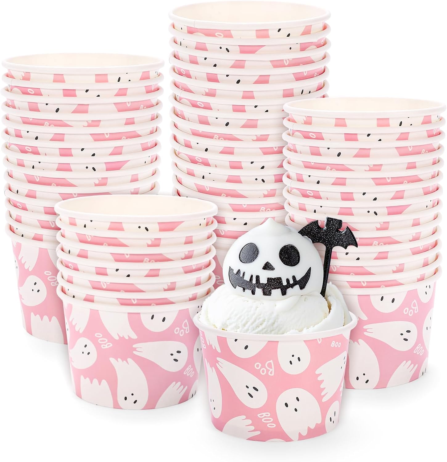 Whaline 50 Pcs Halloween Ghost Snack Cups Pink Cute Ghost Boo Disposable Bowls 9oz Ice Cream Dessert Treat Paper Bowls for Trick or Treat Birthday Baby Shower Party Food Supplies
