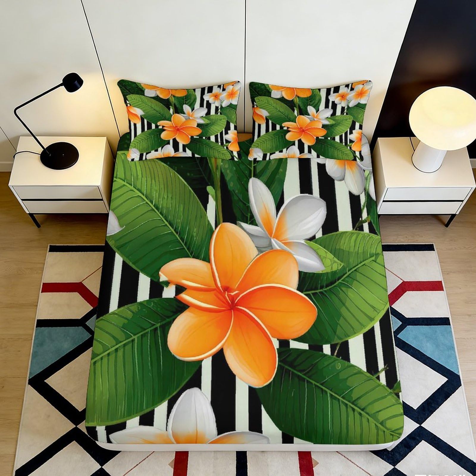 3D Printed Tropical Flower Fitted Sheet Microfiber Deep Pocket Non-Slip Bedroom Bedding Tropical Flower Mattress Fitted Cover 180x200x25cm