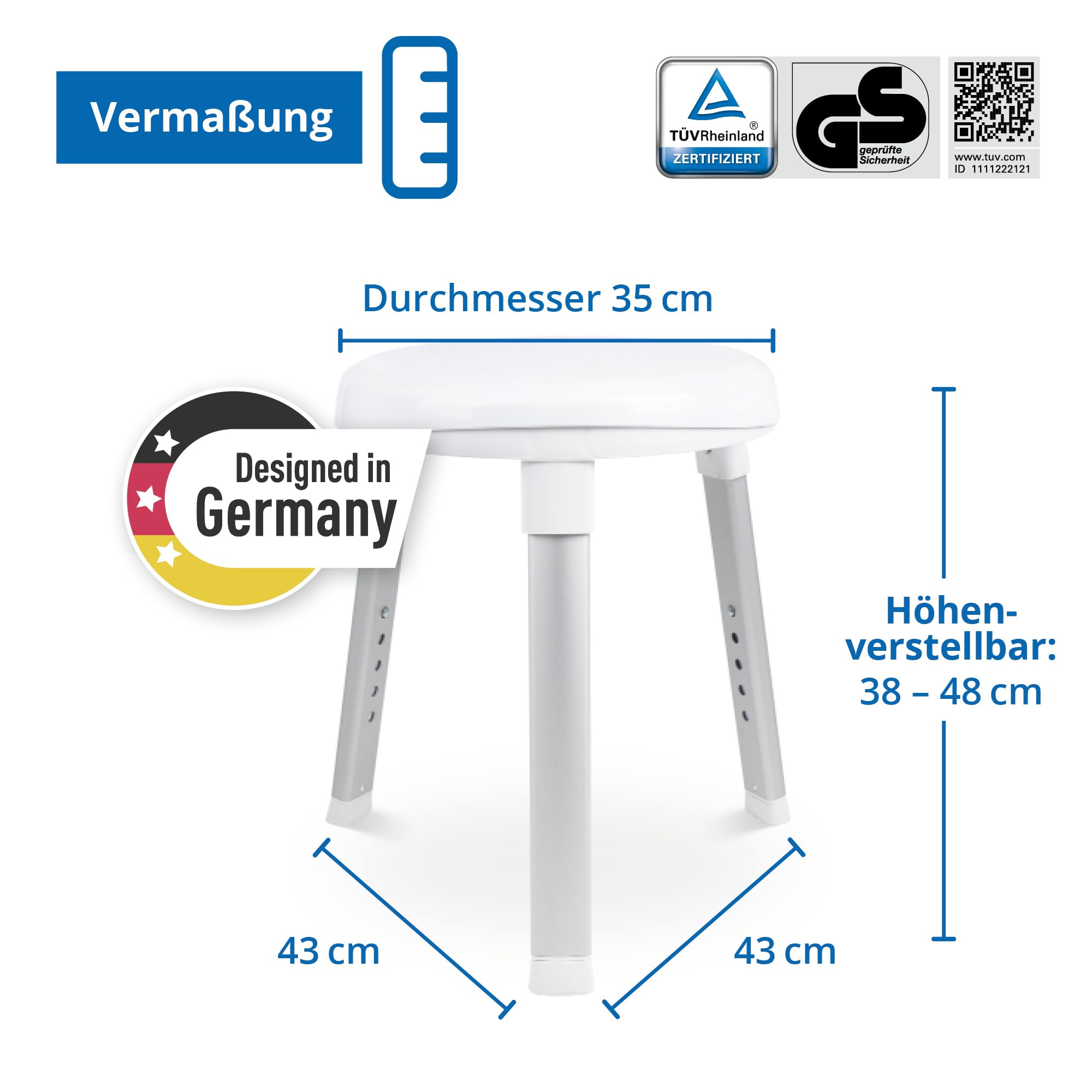 Weinberger 360° drehbarer Duschhocker höhenverstellbar 38-48 cm | Belastbar bis 150 kg | 2,8 kg leicht, rutschfest & modern | Runder Duschstuhl für Senioren für mehr Sicherheit im Bad in weiß