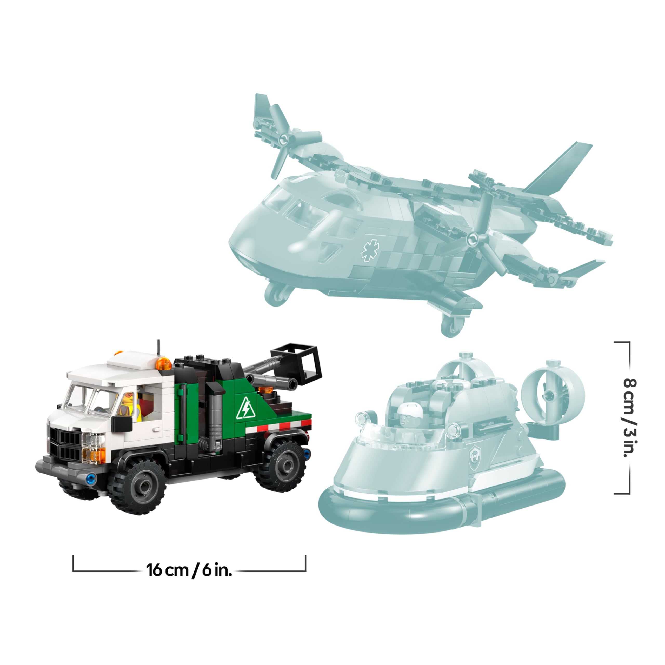 LEGO City Zestaw z samolotem, ciężarówką serwisową i poduszkowcem, interaktywne zabawki dla dzieci, modułowe pojazdy ratunkowe, prezent dla 7-latka na urodziny, dla chłopca i dziewczynki 60505