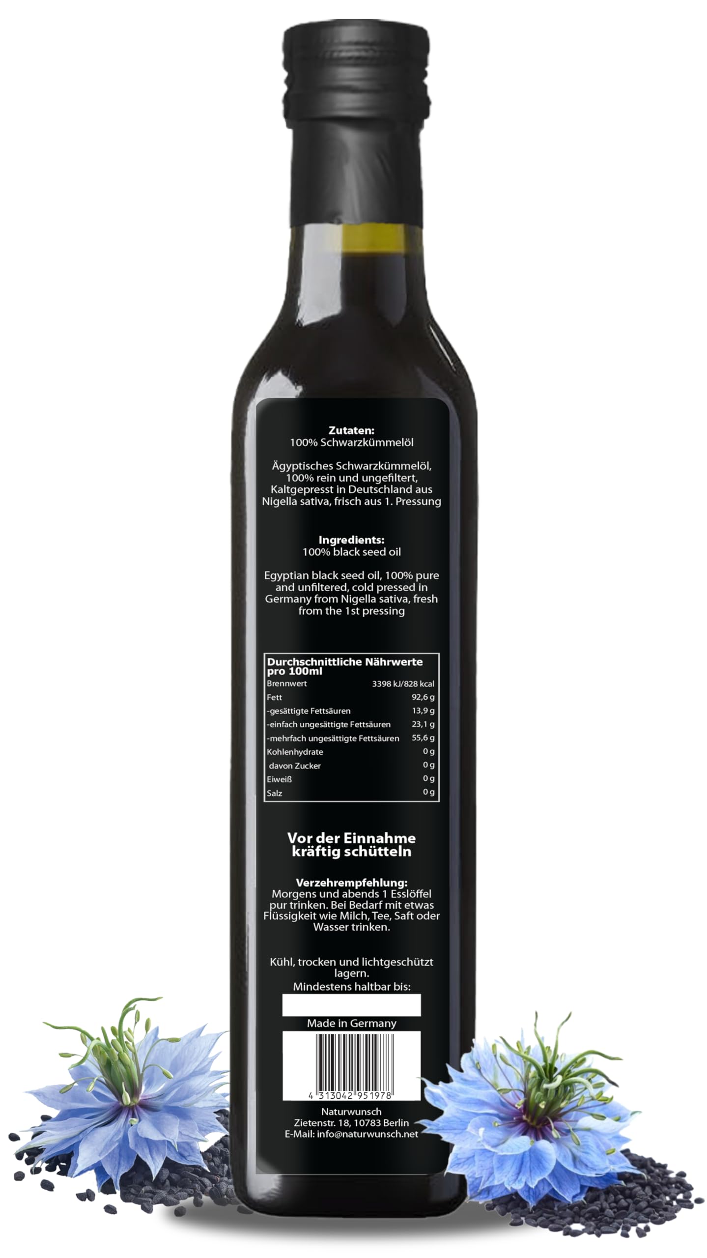 naturwunsch Nigella Sativa Huile de nigelle 500 ml, non filtrée, pressée à froid, fabriquée en Allemagne