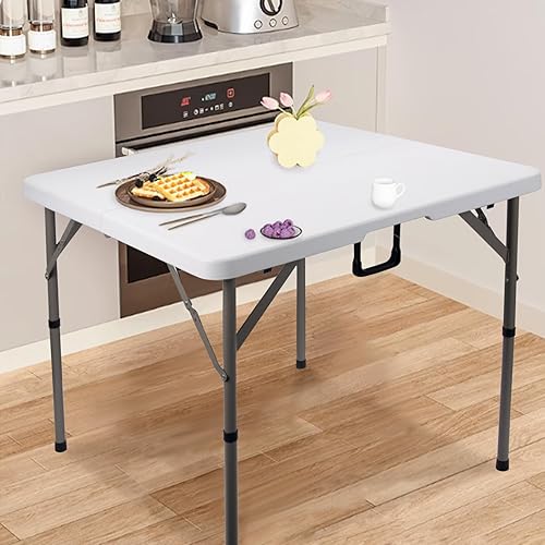 Miniatura 2 de Mesa plegable cuadrada de 34 pulgadas, plegable por la mitad, mesa portátil de comedor resistente de polietileno de alta densidad de plástico blanco