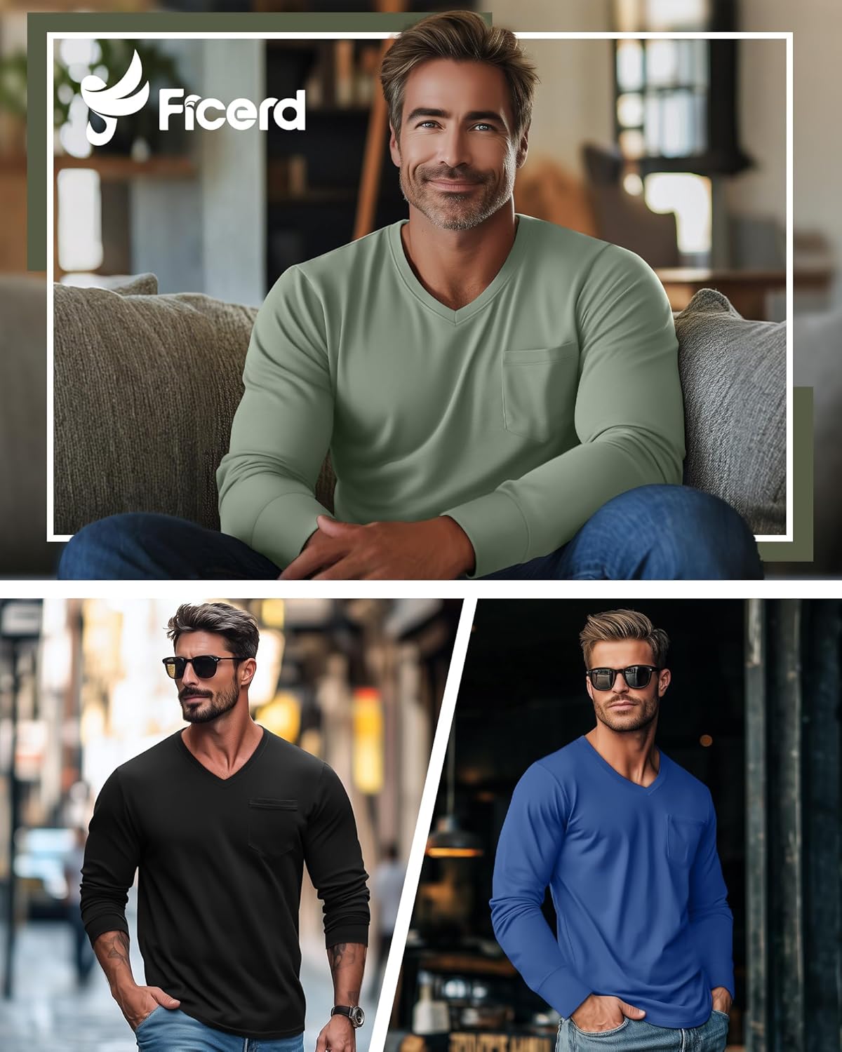 Ficerd 3 Pack Men's Big and Tall V Neck Shirts with Pocket Long Sleeve Plus Size Tops Basic Casual Loose Fall Tee - Image 2