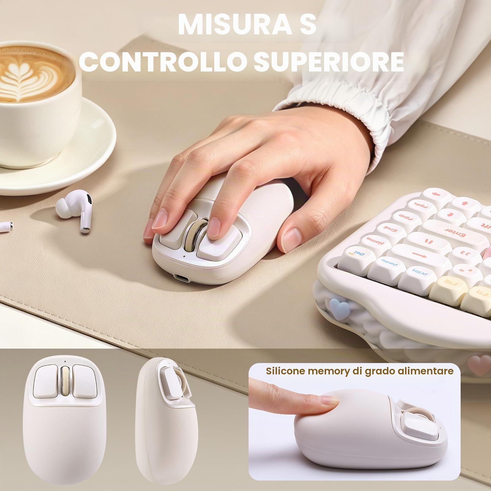 YUNZII C1 Mouse Wireless Silicone Senza Fili (Beige) | 6 Livelli Fino a 4800 DPI, Tri-Mode 2.4G/Bluetooth/Type-C, 500 mAh, Tracciamento Ottico, Mouse per Laptop, Mac, iPad, PC