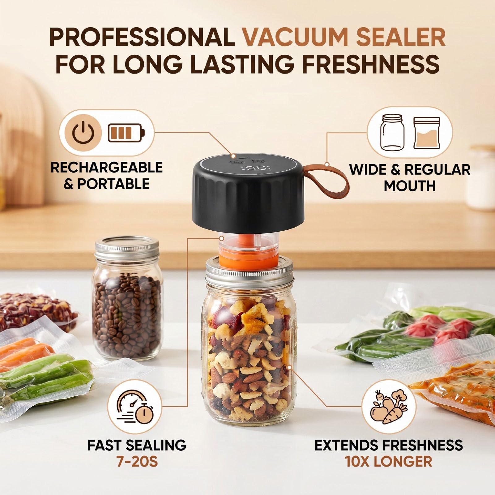 Scelleuse Sous Vide pour Bocaux Mason, Machine de Scellage Sous Vide Portative pour Bocaux à Large Bouche et à Bouche Régulière, pour le Stockage des Aliments, Confitures Sèches