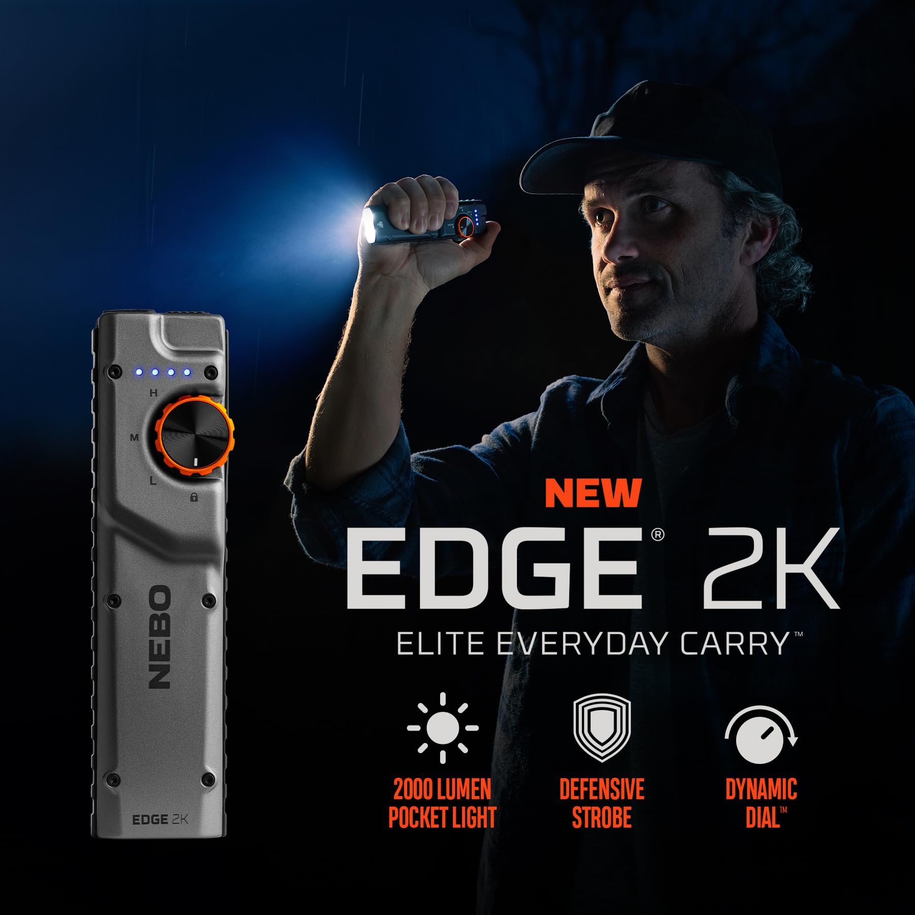NEBO Edge 2K Pocket Light - 2.000 Lumen Kompakte Taktische Taschenlampe, Dynamisches Wählrad, USB-C Wiederaufladbare Taschenlampe