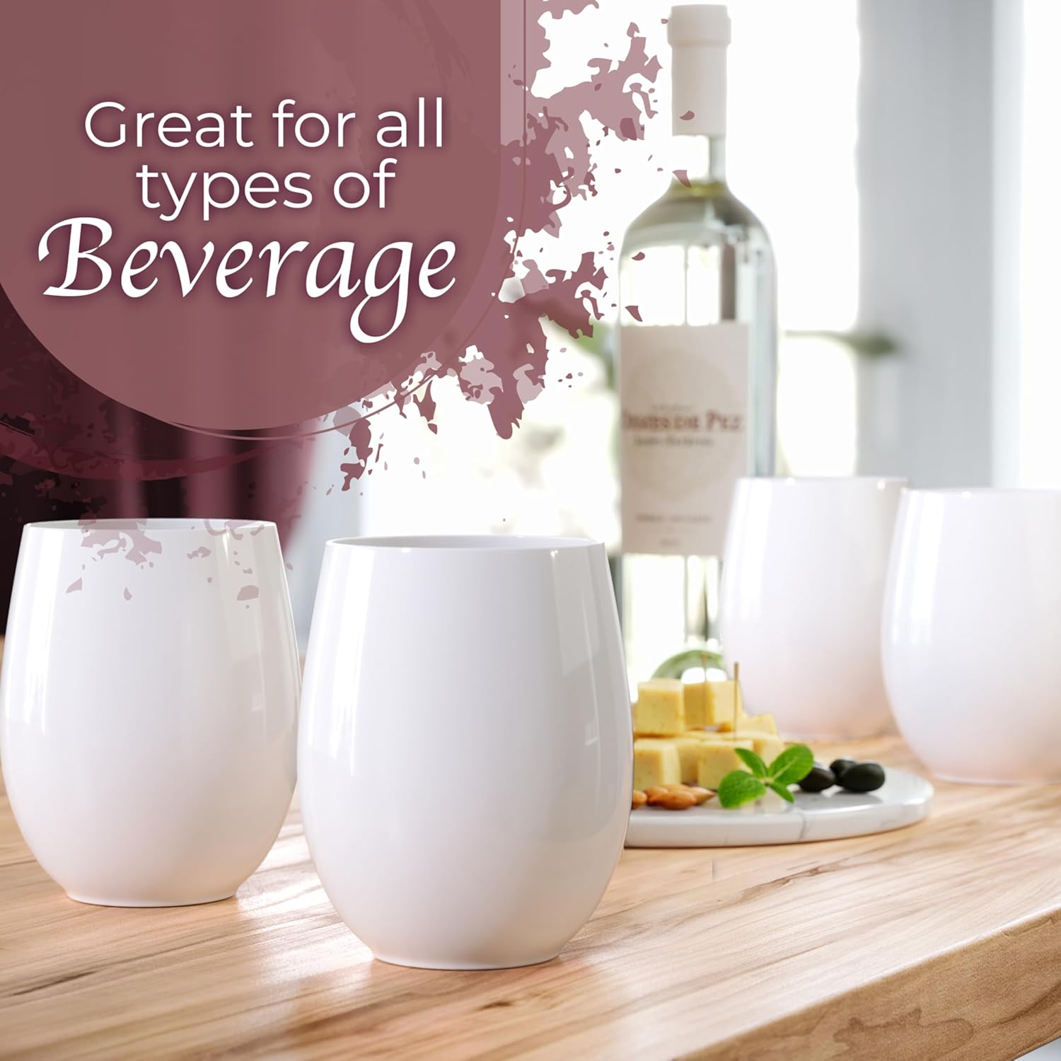 Exquisite 48 Pcs Unbreakable Stemless Plastic Wine Glasses Disposable Wine Glasses Stemless 12 Oz White Plastic Cocktail Cups White Party Cups Disposable Cocktail Glass Weddings & Events
