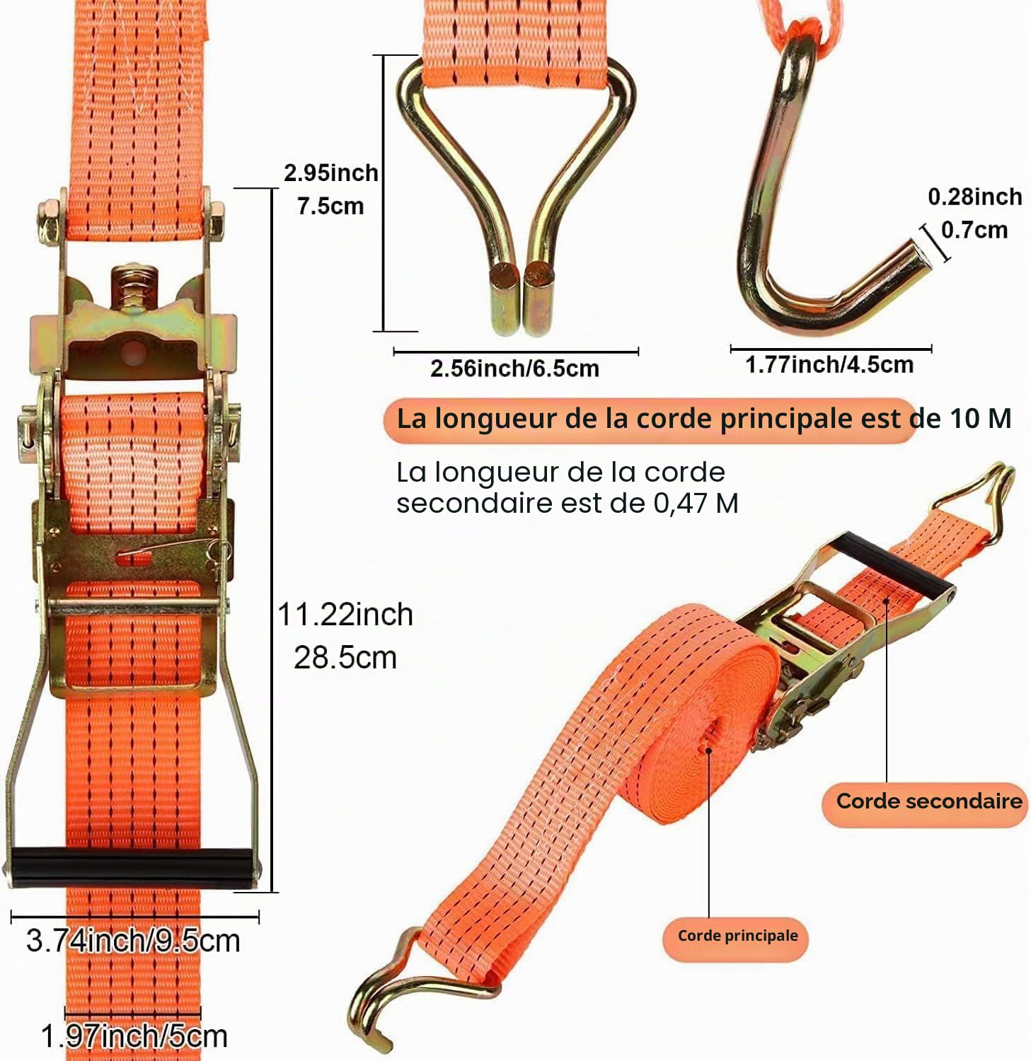 2 Pièces Sangle à Cliquet 3000kg 10m avec Sangle Cliquet et Crochets, Sangle 50 mm de Levage Sangle Crochet 3t, Sangle à Cliquet Orange pour Cargaison, Moto, Camions