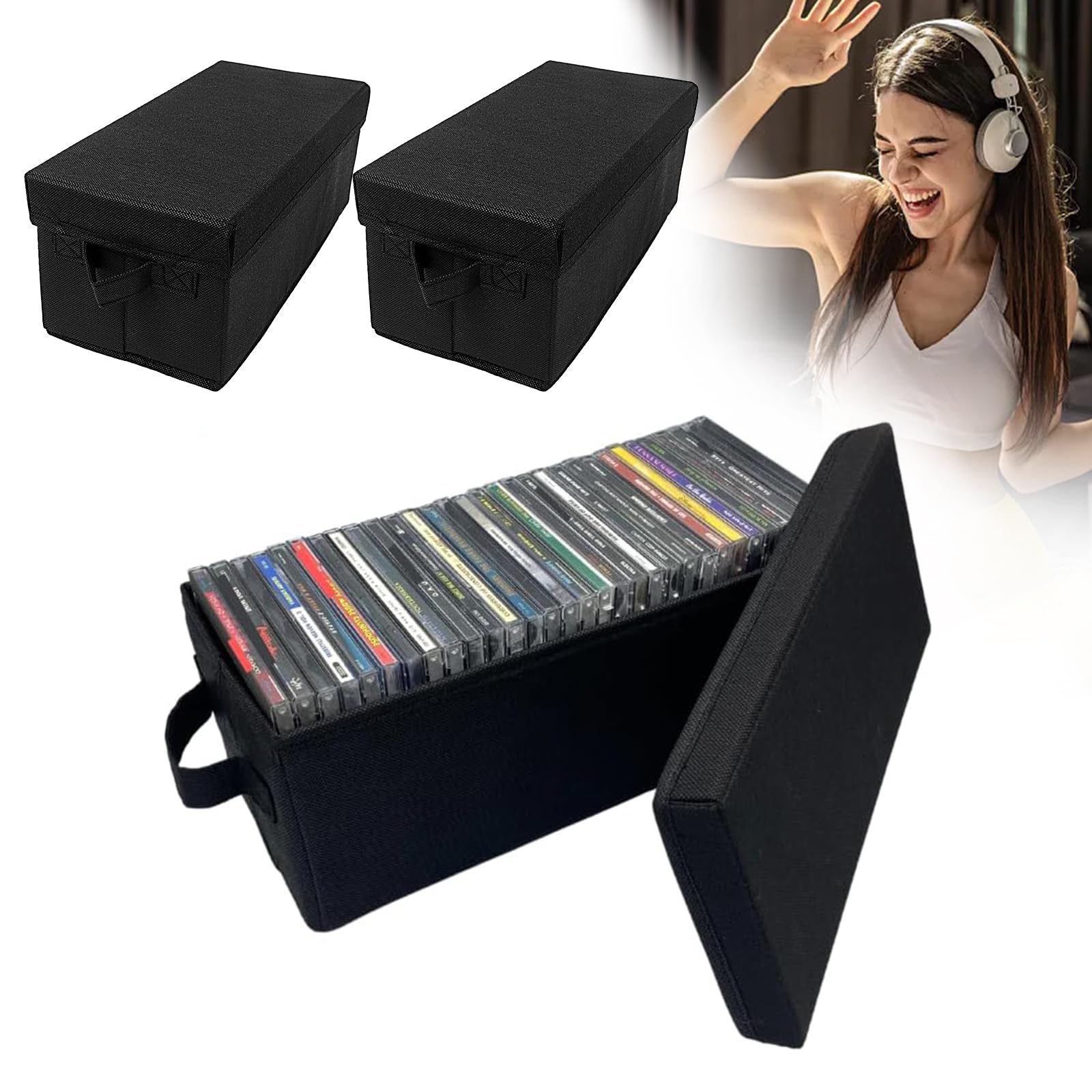 Confezione da 3 Scatola Archivio CD, contenitori impilabili per CD Oggetti con Coperchio Pieghevoli Scatole Portaoggetti con Manici, per Guardaroba, Armadio, Scaffali