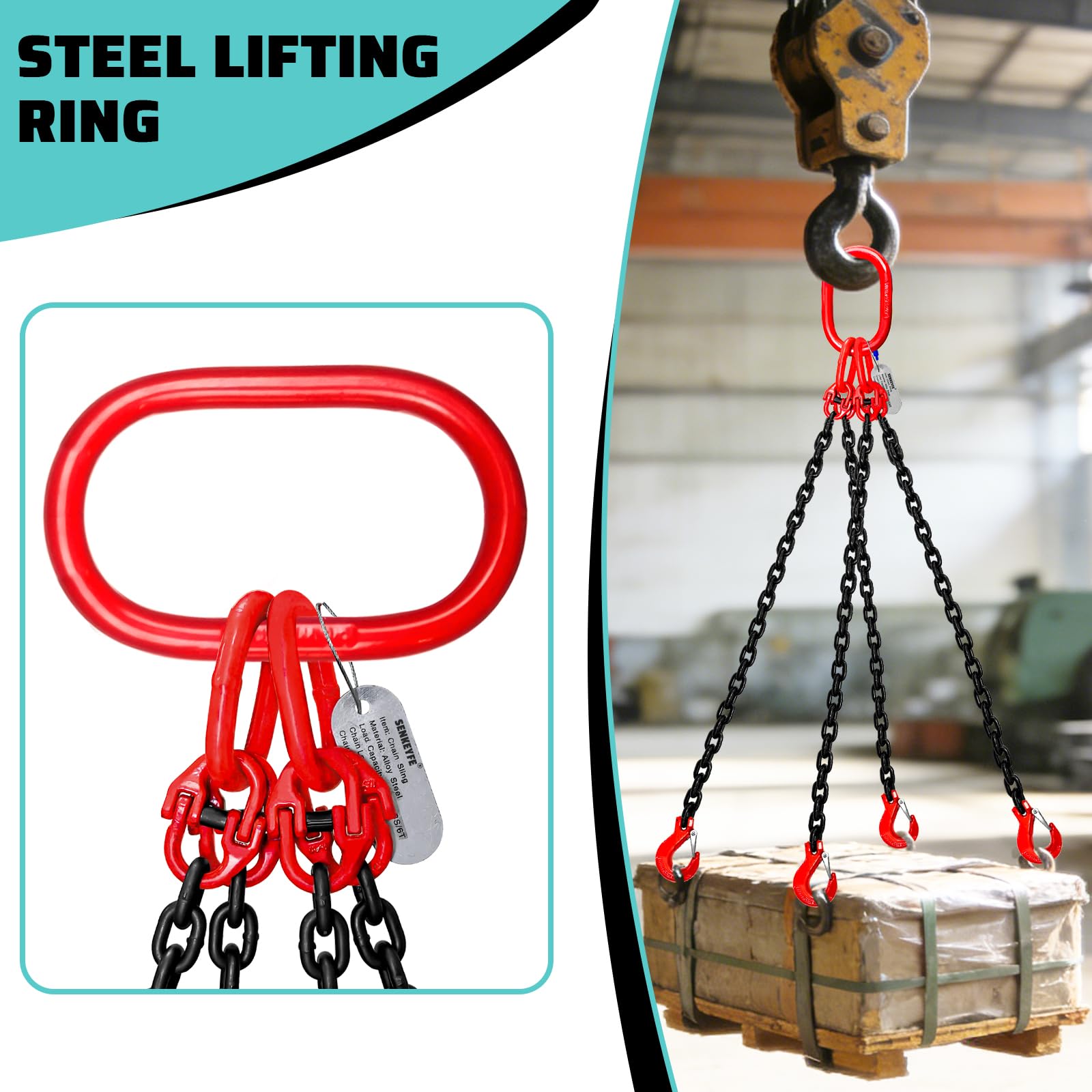 Eslinga de cadena de 3 toneladas de 1/4 pulgadas x 5 pies, 4 patas, ganchos de agarre industriales, capacidad de 6600 libras, eslingas de elevación de aleación de acero G80, elevadores de