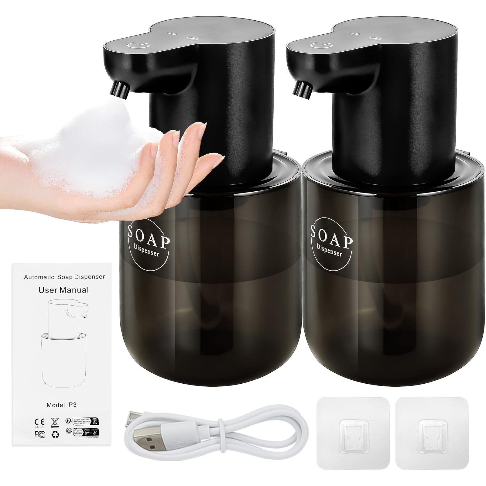 2 Pack Automatic Soap Dispenser, 400ml Rechargeable Touchless Foam Soap Dispenser, Wall Mounted Foaming Sensor Soap Dispenser for Bathroom Kitchen, Drill-Free, 4 Adjustable Levels