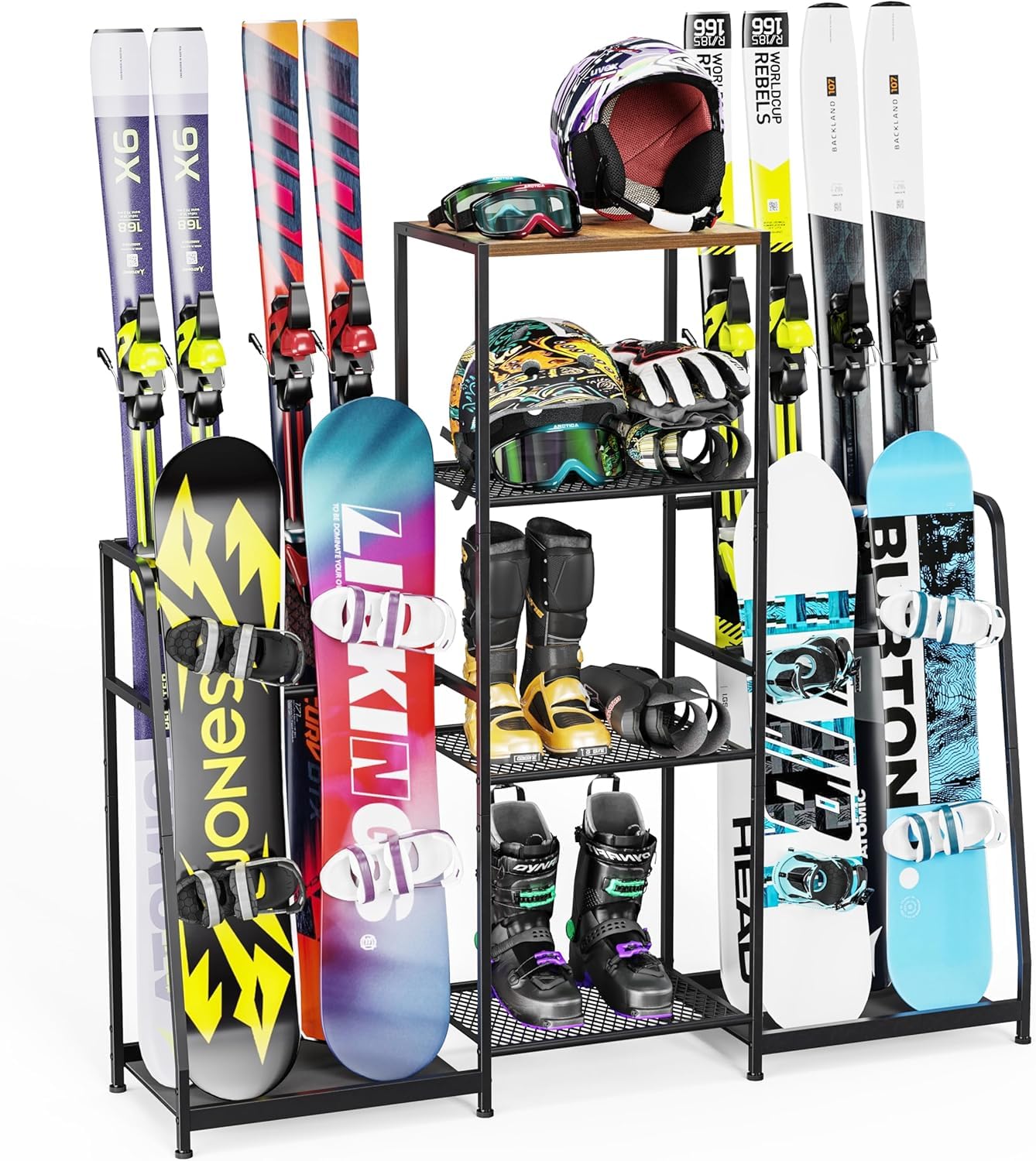 Skiständer, Freistehende Skihalter für die Garage, Stahl-Bodenständer Ski-Organizer für 4 Paar Ski, 3 Snowboards, Stiefel, Stöcke, Brillen, Helme, für Schuppen oder Keller(Beidseitiger Stil)