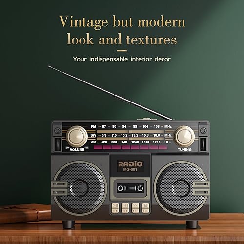 Miniatura 2 de Radio AM FM portátil con doble altavoz, radio retro recargable USB-C, radios de transistor con excelente recepción, perilla grande fácil de usar,