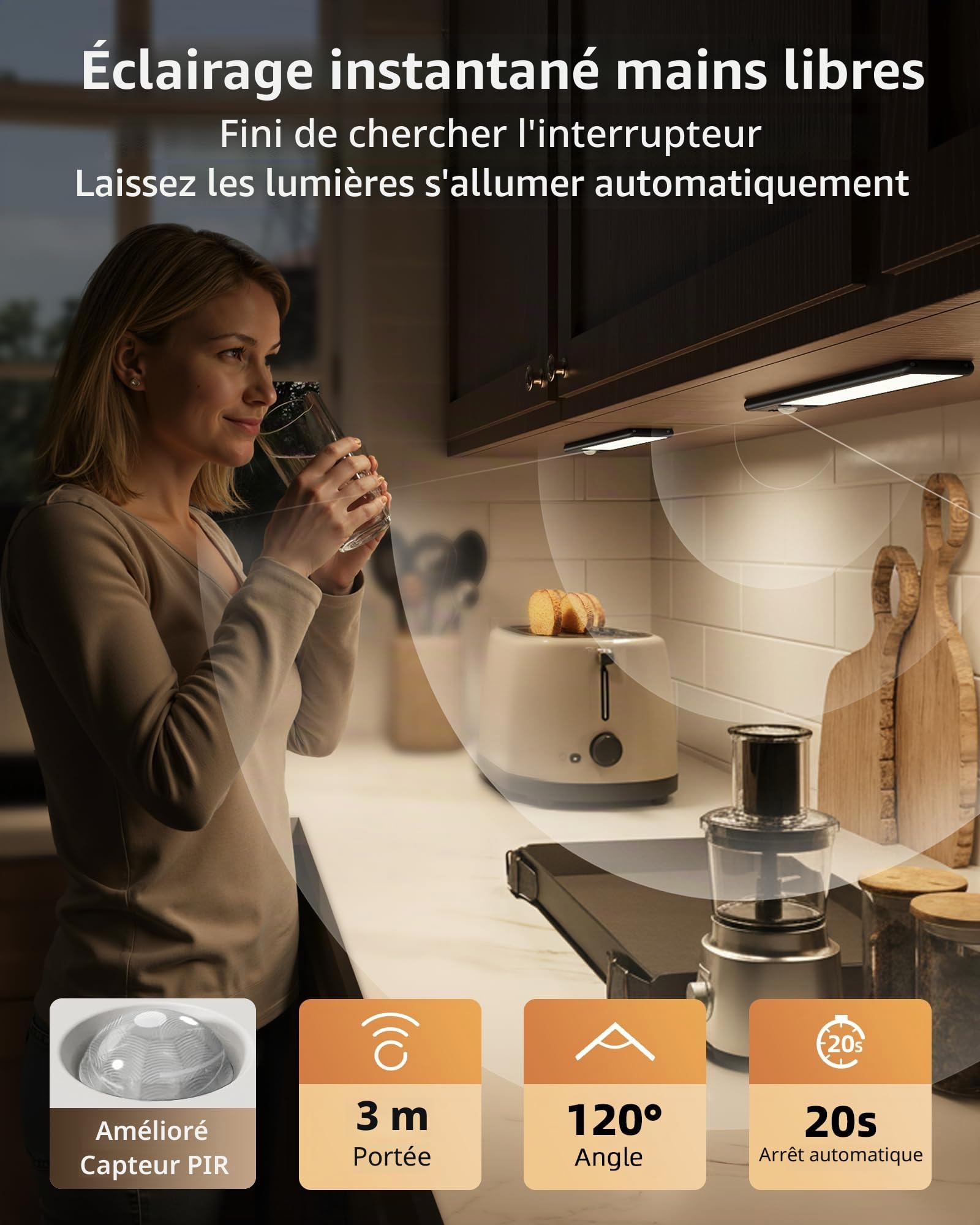 EZVALO Lampe sous-meuble 20 cm, 62 LED Rechargeable USB-C avec Détecteur de Mouvement, Lampe de Placard 1600 mAh 3 Températures de Couleur, Éclairage Intérieur Sans Fil, Noir (Lot de 2)