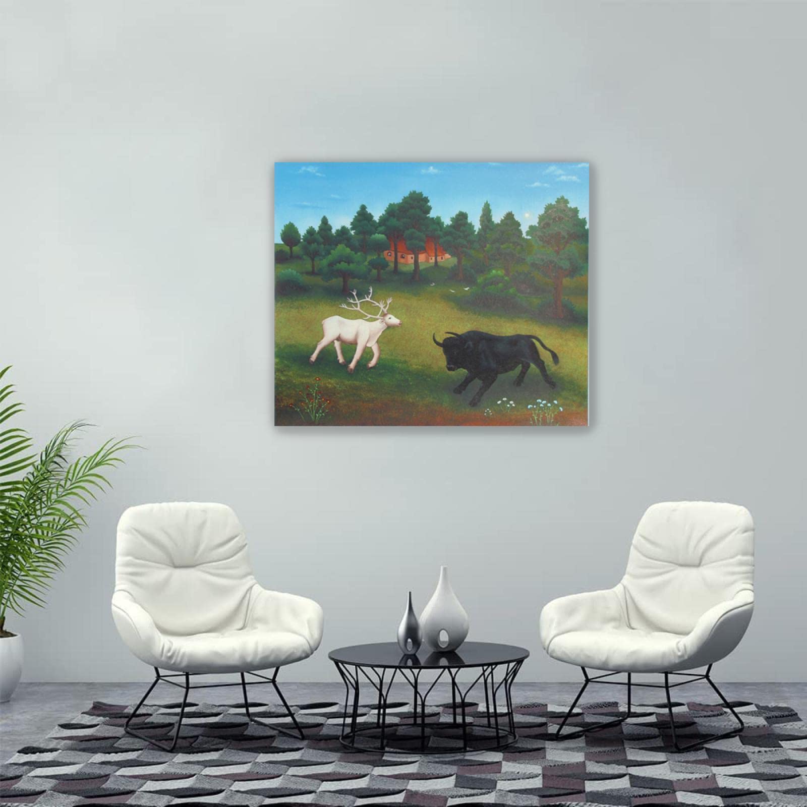 Ivan Generalic Reproducciones de pinturas en lienzo Carteles e impresiones listo para colgar famosos Cuadro de arte de pared (Ciervo Blanco y Toro) 50x60cm(20x24in)Enmarcado