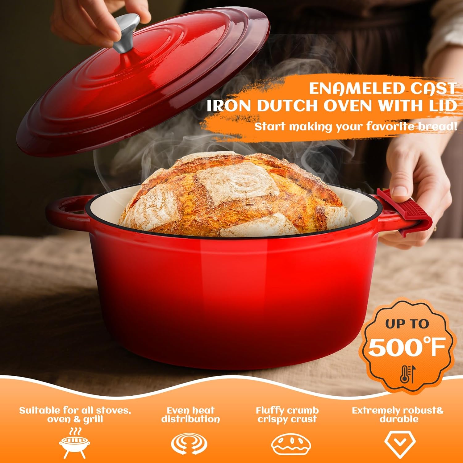 Enameled Cast Iron Dutch Oven Pot with Lid, Incl. Sourdough Bread Baking Supplies Like Banneton Bread Proofing Basket, Starter Jar, Bread Lame, 5QT Dutch Oven for Bread Baking, Oven Safe up to 500°F - Image 5