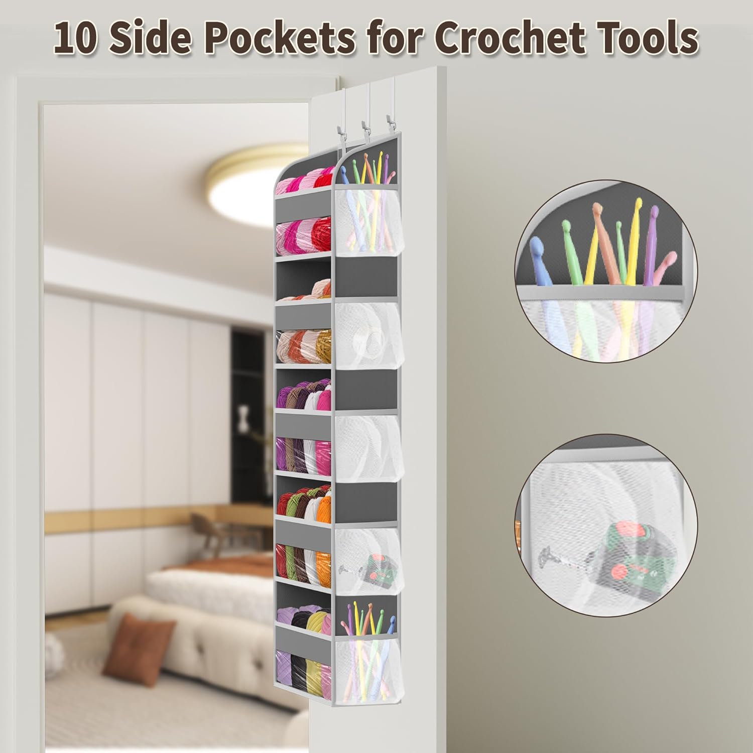 KYEVIS Hanging Yarn Storage Organizer, Large Yarn Storage with 5 Clear Pockets Organizer and 10 Mesh Side Pockets, Available to Knitting Accessories & Crochet Yarn Storage (Light Grey)