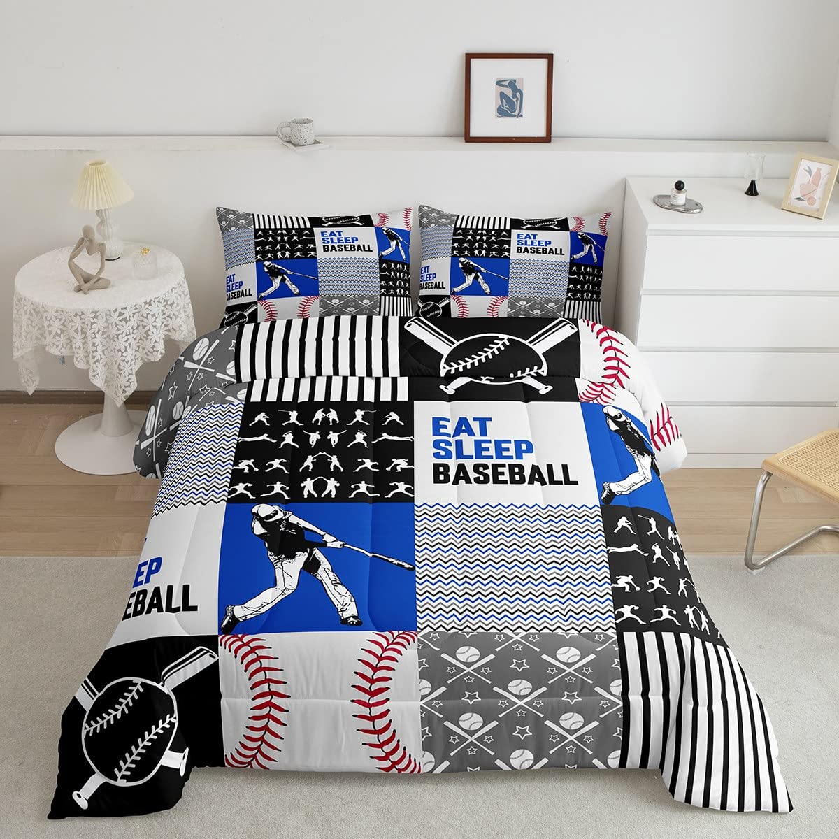 Erosebridal Baseball Comforter Set - Boys Sports Bedding Ball Bat Balls Quilt Set,Sports Duvet Insert and 2 Pillowcases - Warm, Game-Themed Kids Gift Bedroom Decor