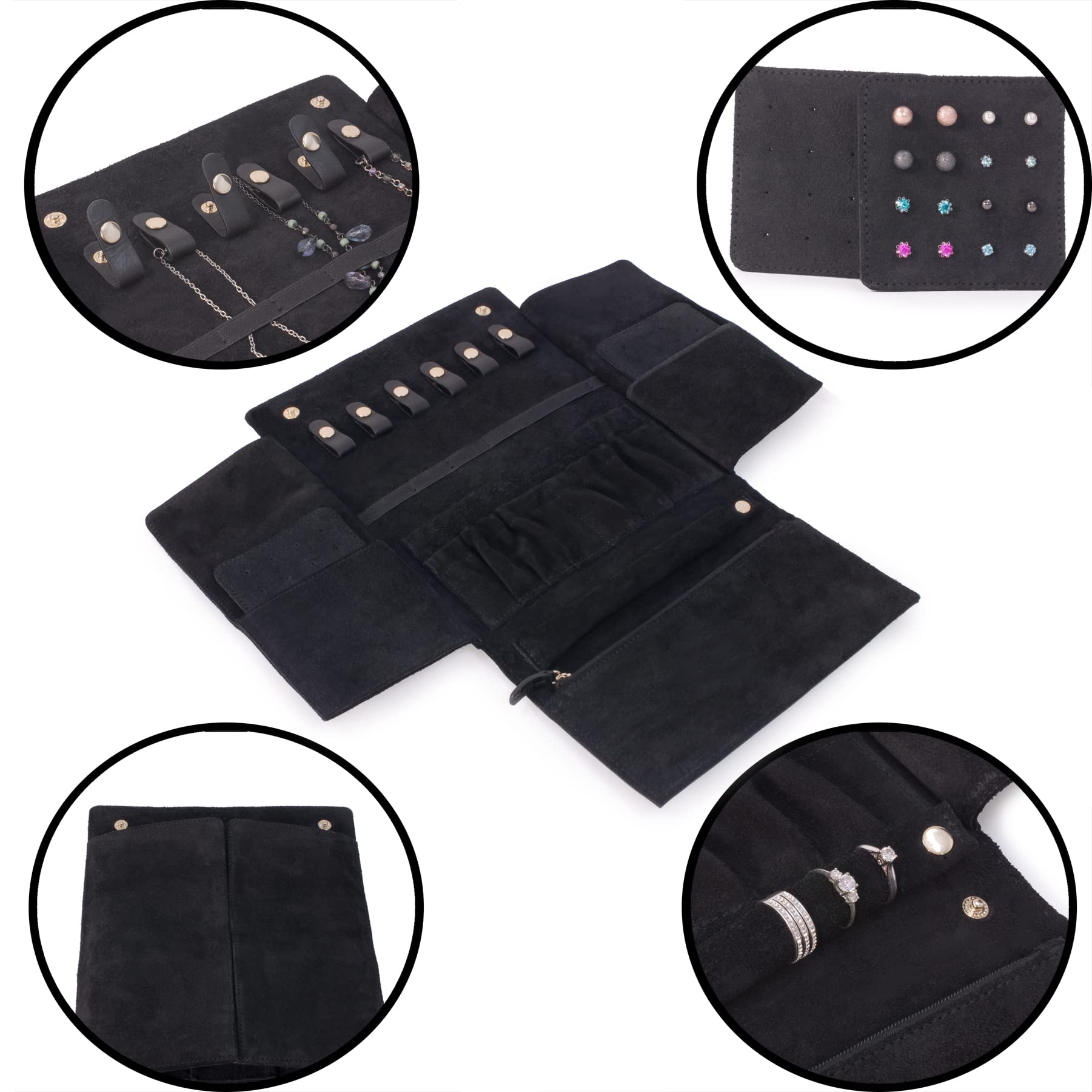 Catwalk Collection Handbags - Pochette Bijoux Voyage - Cuir et Suède - Rouleau Bijoux Femme - Organisateur/Rangement - CHANELLE - Noir
