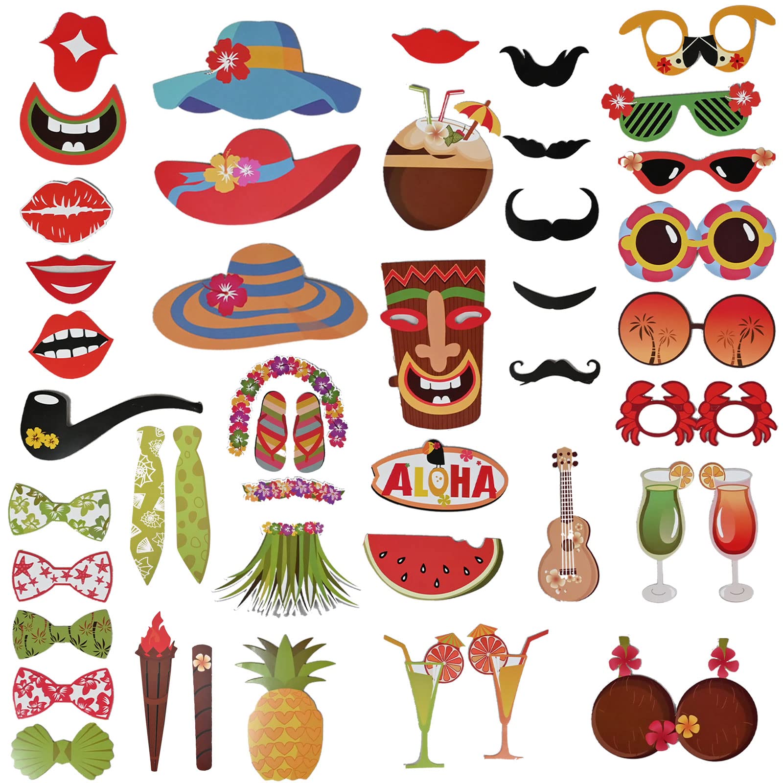 Luau Photo Booth Props, Aloha Hawaiian Tropical Tiki Luau Party Decorations Party Supplies 45pcs for Birthdays Summer Beach Pool Decorations Theme Party Favors